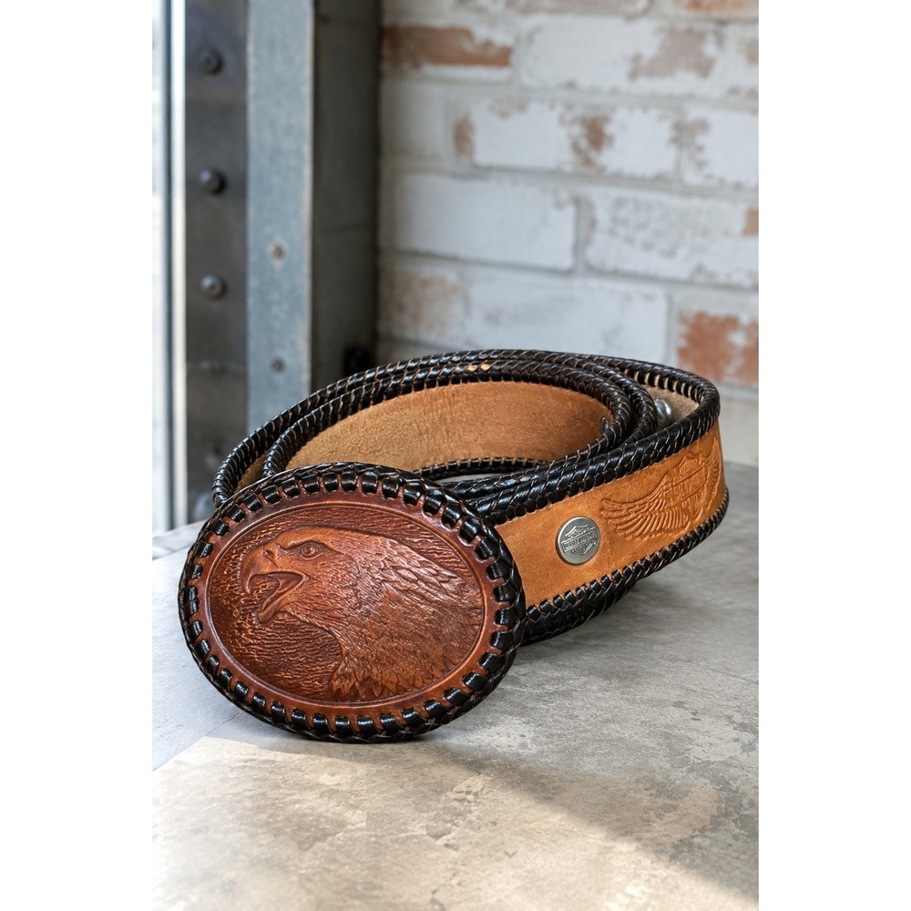 Vintage Harley Davidson USA Leather Eagle Belt 41" 2" Wide Braided Biker